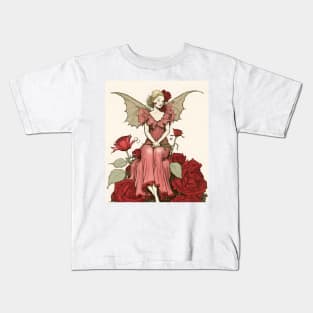 Rose Fairy Sitting Amid Rose Flowers Vintage Style Kids T-Shirt